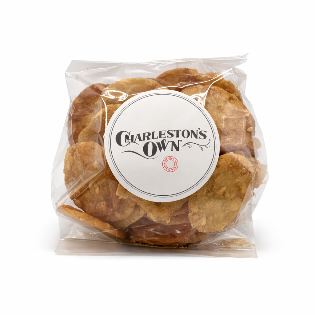Packaged benne wafer with 'Charleston's Own' label on a white background